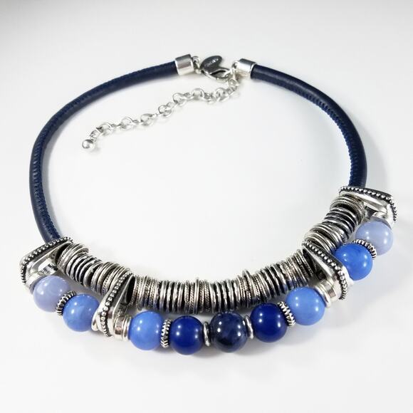 Chico's Gemstone, Lucite & Blue Leather Necklace, Silver Tone Disks, 20 Inches - Picture 3 of 7